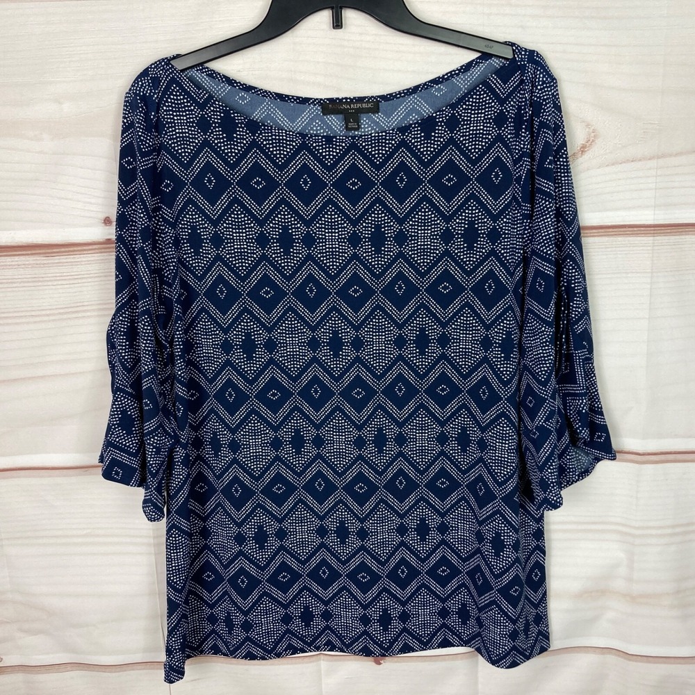 Banana Republic Top Womens L Blue Geometric Knit Blouse Boat Neck Ruffle‎ Sleeve